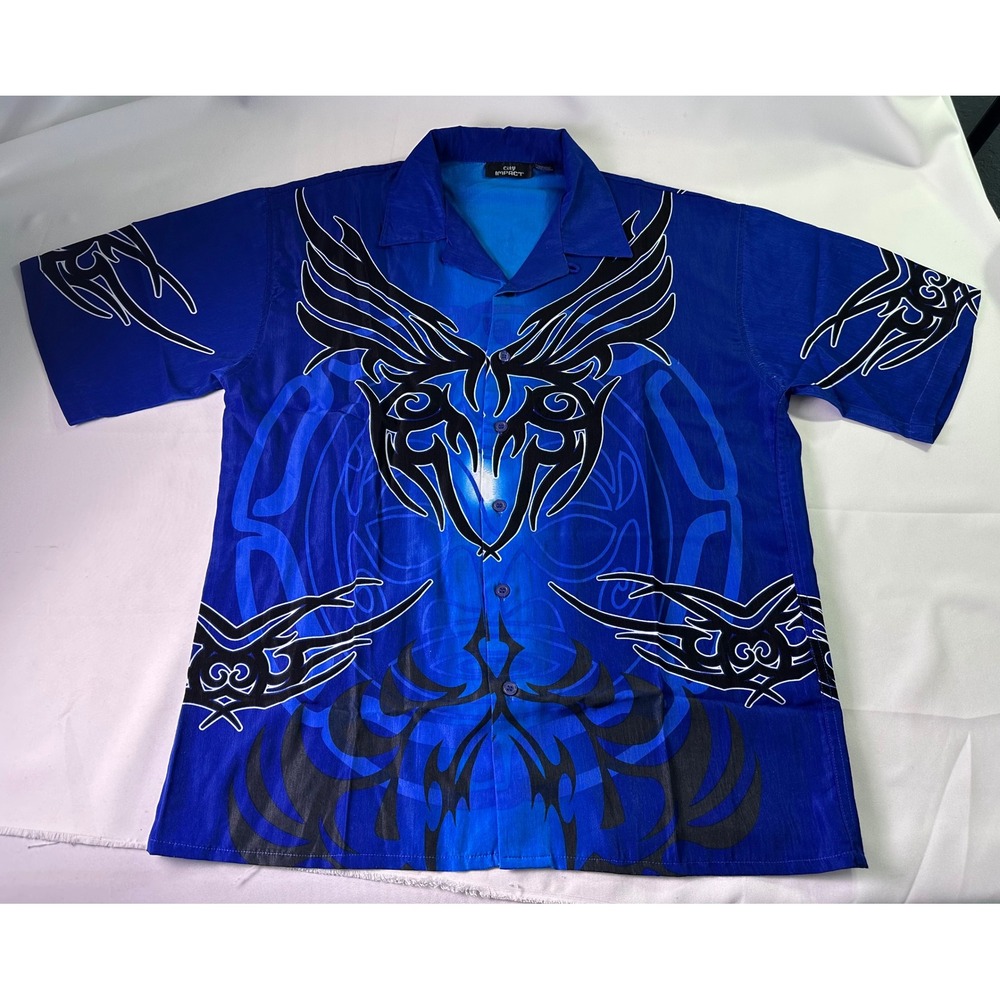 City Impact Tribal Flame Shirt Sz L Blue Black Y2K Cyber Skater Grunge Button Up
